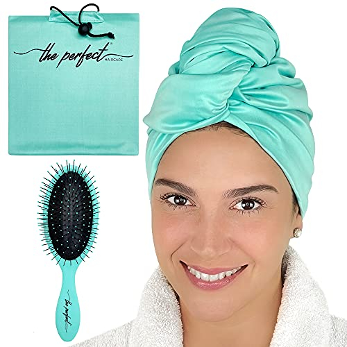 THE PERFECT HAIRCARE Ultrafeines Mikrofaser-Haar-Handtuch und Entwirrungsbürste Anti-Frizz-Turban für lockige oder gewellte Frauen, Mädchen und Kinder – schnell trocknend (Aqua)