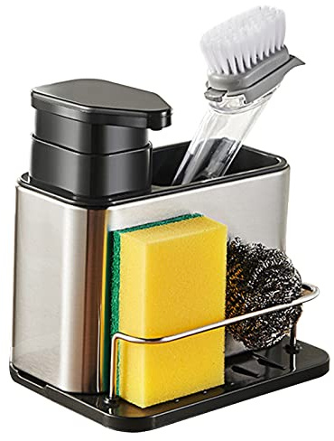 CMOISO Organizador Fregadero, Soporte Estropajo Fregadero, Organizador de Acero Inoxidable con dispensador de jabón y Compartimento de Almacenamiento para fregaderos de Cocina o Lavado de baños