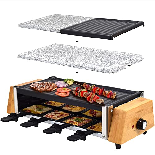 Syntrox Germany RAC-1200W-Murten Raclette im Holz Design mit geteilten Platten Heißer Stein & Grillplatte, Gewicht: 7,5 kg