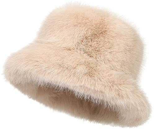 LA CARRIE Women's Fuzzy Wide Brim Polyester Bucket Hat Winter Warmer Fisherman Cap(Beige)