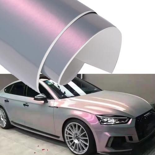 Blueshyhall Autofolie Chamäleon Effekt, Autofolie Glänzend Rosa und Grau, Car Wrapping Folie Metallic, Auto Folie Verlauf mit Selbstklebend und Luftkanälen, Auto Folie Aussen Wasserfest (30 x 152 cm)