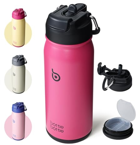 BOTTLE BOTTLE Stainless Steel Kids Water Bottle 16oz(470ml) Insulated Sports Water Bottle with Straw and Pills Holder for Gifts and School（Viva Magenta）