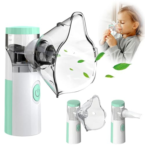 Nebulizador Portatil, Nebulizador para Bebe Niños Adultos con Boquilla y 1 Máscara de Adulto y 1 Máscara de Niño, Tasa De Atomización Ajustable, Inhalador Nasal de Niebla Fría para Hogar y Viajes