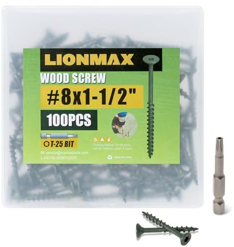 LIONMAX Deck Screws 1-1/2 Inch, Wood Screws #8 x 1-1/2, 100 PCS, Rust Resistant, Exterior Epoxy Coated, Outdoor Decking Screws, Torx/Star Drive Head Screw, T25 Star Bit Included, Green