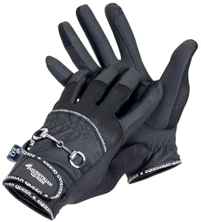 EQUESTRIAN QUEEN Damen Reithandschuhe – atmungsaktiv, rutschfest, Touchscreen-kompatibel, mit Grip & Reflektorpaspel – leichte Sommerhandschuhe für Reiten & Outdoor - Crete (Schwarz/Grau, L)