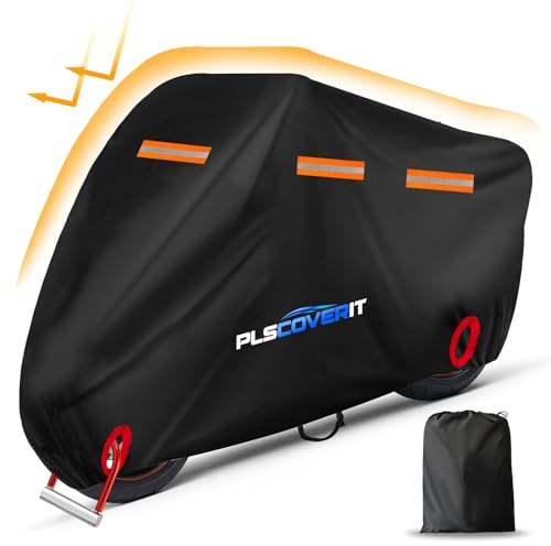 Plscoverit Motorcycle Cover, 600D Heavy Duty Waterproof Motorbike Cover, Dustproof Motorcycles Vehicle Cover Scooter Shelter Protection with Reflective Strips & Storage Bag 116 x 41 x 50
