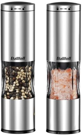 Dallfoll Manuelles Salz und Pfeffermühlen Set, Salz und Pfeffermühlen 2er Set aus Edelstahl, Eistellbare Seesalzmühle & Pfeffermühle mit verstellbarem Keramik-Mahlkern, Müheloser Bedienung