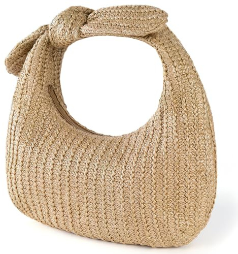 Holibanna Straw Handwoven Clutch Bag with Bow, Lightweight Tote for Women | Woven Tote, Large 10.63X6.10X1.97in, Tan Handbag, with Zipper, Polyester Material, Travel Beach Picnic Holiday Essential,