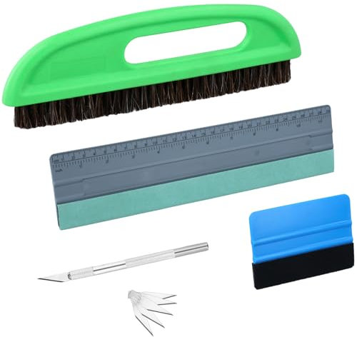 QWORK® Juego de herramientas para empapelar de 5 piezas: cepillo para papel tapiz, escobilla de goma con escala de medición, espátula de fieltro, bisturí y 5 cuchillas de repuesto