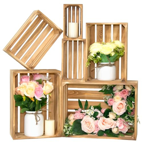 BOY MCOWBOY Wooden Crates for Display 6 Pack Large Rustic Nesting Wooden Basket with Handle, Decorative Farmhouse Wood Crate for Storage and Container, 6 Size Wood Basket Decor Boxes