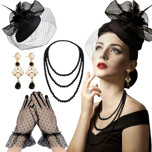 chapeau noir tea party gants chapeau fascinateur femme gants collier perles | chapeau noir tea party gants chapeau fascinateur femme gants collier de perles boucles d'oreilles tour de cou pour mariage