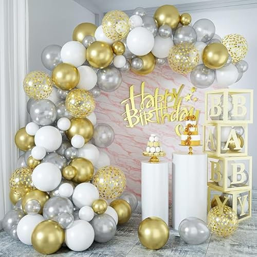 Heavy Duty White Golden Grey Silver Balloon Arch Kit, 102Pcs Garland Kit, Gold Confetti and Chrome Metallic Gold DIY Balloons Arch Wedding Birthday Party Decorations Baby Shower Anniversary