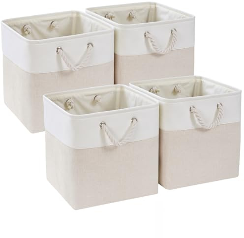 Mangata Cubo portaoggetti in tessuto, 25 x 25 x 25 cm, cestini portaoggetti per indumenti/mensola, colore: beige chiaro/bianco, 4 confezioni