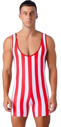 Yihuimin Men's Circus Strongman Costume Stretchy Striped Workout Wrestling Singlet Boxer Shorts Bodysuit Red&White L