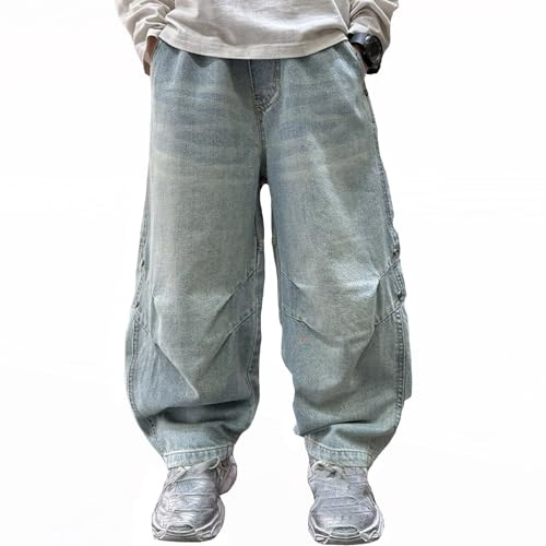 Kelandoom Jeans Garçon Loose Fit avec Taille Élastique Pantalon Jogger Denim Facile À Enfiler Pant Sport Casual Streetwear Y2K Age Adapté 3-12 Ans Garcon (Bleu,10-11 Ans)