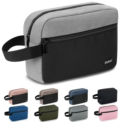 Elviros Travel Neceser de Viaje para Hombre, Impermeable, portátil, con Compartimento para Afeitado y asa, Organizador de cosméticos para Gimnasio, Ducha y baño, Negro&Gris