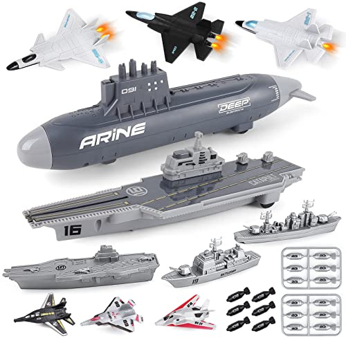 deAO 19 pezzi Giocattolo Portaerei,Nave da Guerra Militare,Set da Gioco con Modellini di Aeroplani in Scala ridotta,Aerei da Combattimento, Corazzate, Giocattoli da Uomo dell'Esercito per Regalo