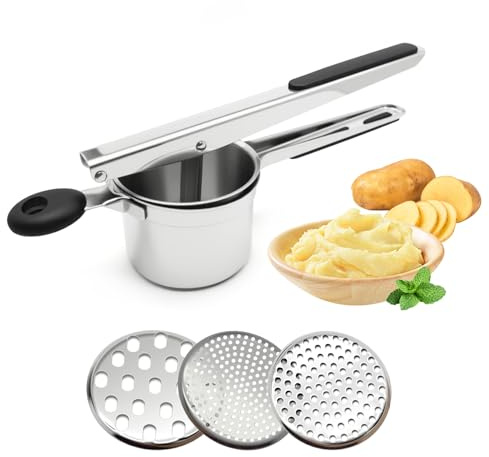 Kartoffelpresse Edelstahl, Kartoffelpresse mit 3 Austauschbaren Scheiben für Kartoffelbrei, Gemüsebrei