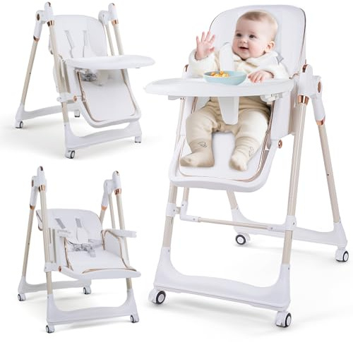 Sinbide Chaise Haute 3 en 1, pour Bébé Ergonomique, Confortable, Inclinable, Pliable, avec Hauteur Réglable, Repose-Pieds, Plateau Amovible, Harnais 5 Points, 0 à 20 kg (Blanc)