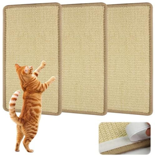 BREANIFULL 3 Stück Kratzbretter Katze Sisal Kratzmatte Katze Wand 40 x 20 cm Widerstandsfähig Katzen Kratzbrett Selbstklebend Sisalmatte für Katzen für Schützt Möbe Sofas & Teppiche（Beige）