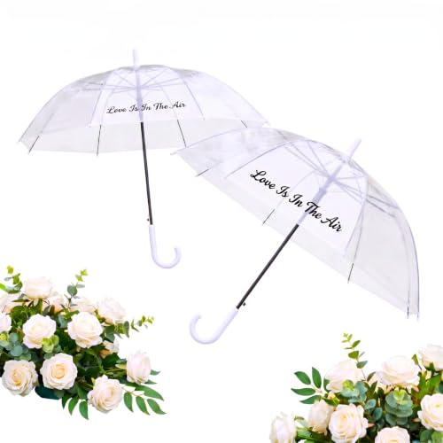 Hestya 37.4 Inch Clear Umbrella with Just Married Printed Dome Umbrella Transparent Wedding See Through for Wedding Bridal Bridesmaid Ladies Party Supplies