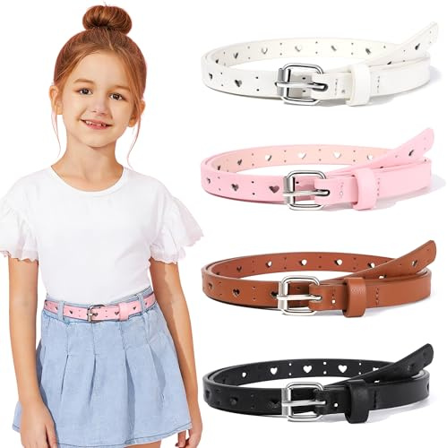 Kajeer Kids Belt for Girls - 4 Pcs Durable PU Leather Pink Black Belt for Kids Metal Buckle Heart Hole Youth Toddler School Belt for Uniform Casual