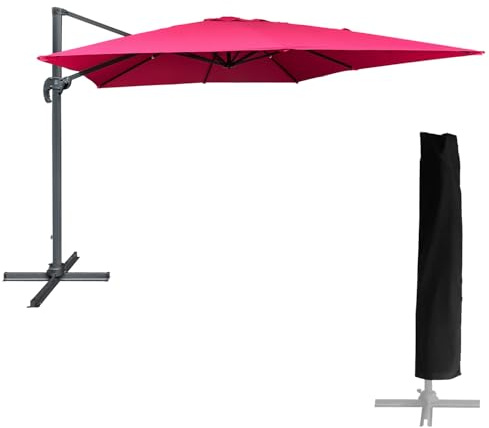 Parasol déporté Molokai carré 3x3m Fuchsia avec manivelle. Parasol déporté inclinable, Rabattable et Rotatif avec Housse de Protection.