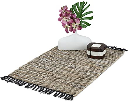 Relaxdays Flickenteppich, 60 x 110 cm, Baumwolle & Leder, Teppichläufer mit Fransen, rutschfest, Fleckerlteppich, grau, 10039882_111