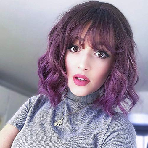 PARXITN Kurze Bob Perücke mit Pony Natürliches Ombre Lila Perücke Synthetisches Haar Bunt Täglich Party Halloween Cosplay Gewellte Lockige Perücken für Frauen
