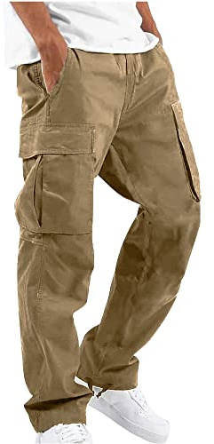 YAOHUOLE Men's Casual Cargo Pants Loose Fit Beach Pants Drawstring Elastic Waist Yoga Trousers Khaki M