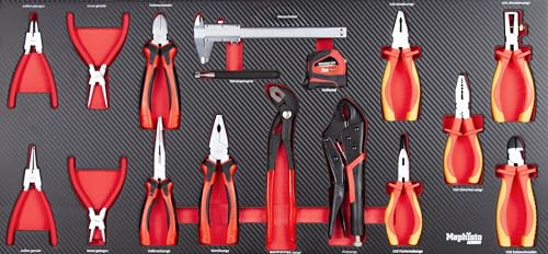Mephisto Werkzeugeinlage Werkzeug Set Pro Line Werkstattwageneinlage inklusive Chrom-Vanadium Werkzeug Zangenset, VDE Zangen, Meterrolle und Messschieber in Soft Inlay in Carbonoptik