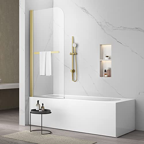 Sunrosa Frameless Pivot Glass Tub Shower Door, Brushed Gold, 34 x 58 in