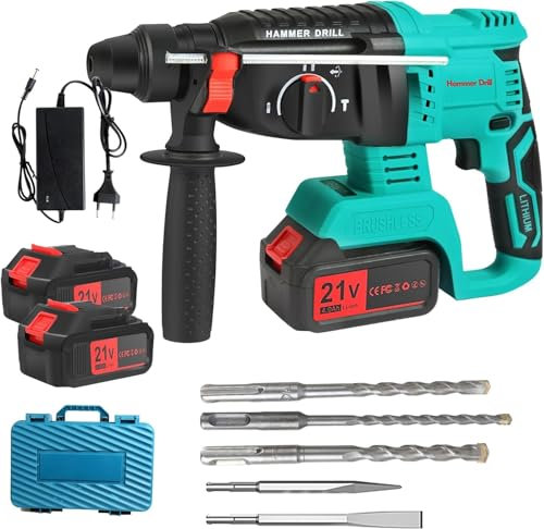 Martillo Perforador a batería 21V, Martillo Percutor SDS Plus, Taladro de Martillo Motor sin Escobillas, 2 * 4.0 Ah Batería, 6 Brocas, Perforación, Martilleo y Demolición
