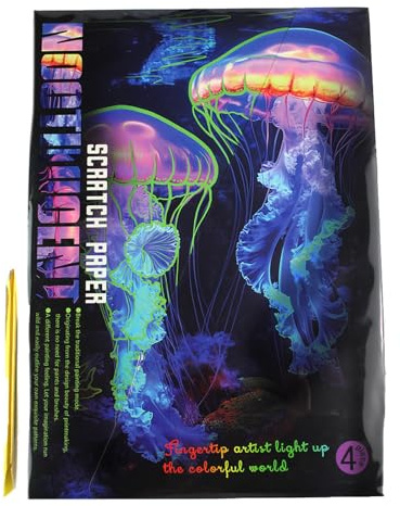 Pracht Creatives Hobby - Image à gratter sous-Marine avec Crayon à gratter, 4 pièces, Brille dans Le Noir, Taille env. 28,5 x 21 cm, Images à gratter pour Enfants et Adultes