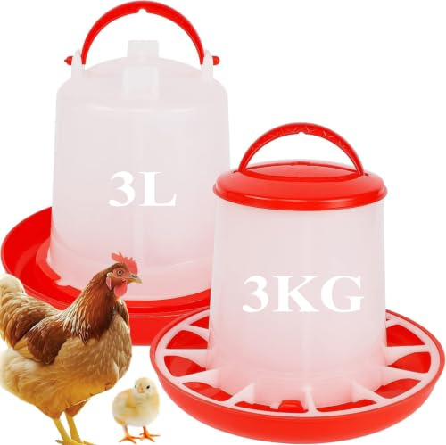 Kycklingmatare och vattenautomat, toppfyllning 3 kg fågelmatare och 3 L kycklingvattenautomat, 2 st plastfjäderfädrickare fjäderfän vattnare automatisk kyckling vattenmatare matad vattenbehållare burk