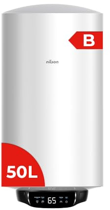 Nilson Termo Eléctrico Vertical 50 Litros NT5000EADW. Display LED, Instalación Vertical, 1500W, Incluye Kit de Montaje, Resistencia de Acero inoxidable, Blanco, Eficiencia Energética Clase B