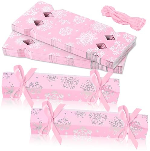 Whaline 60 Packs Christmas No-Snap Party Table Favors DIY Pink Silver Winter Snowflake Paper Cracker Candy Boxes with Ribbon for Xmas Gift Stocking Stuffers Holiday Party Dinner Traditions Supplies