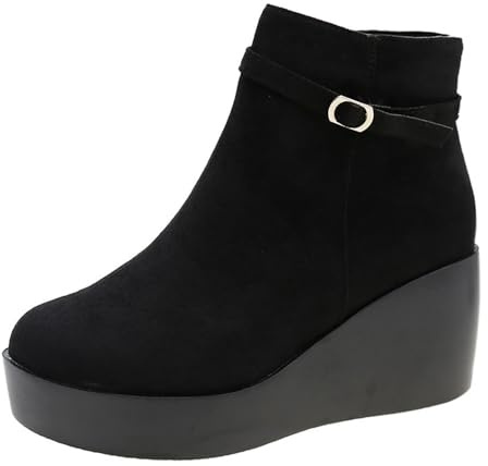 Bottines à talon compensé pour femme avec sangle à boucle confortable et bout rond Fermeture éclair Chaussures d'hiver, Noir , 40.5 EU