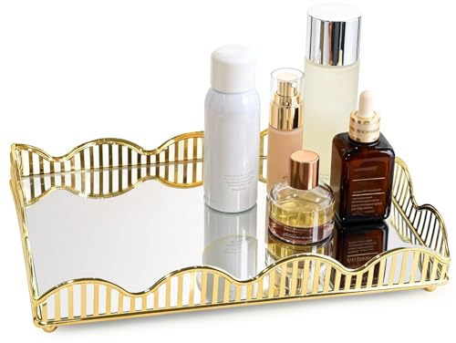 Mirror Tray Perfume Display Jewelry Organizer - 35x25cm Vanity Mirror Tray Cosmetic Trays Mirror Gold Vintage, Countertop Organizer, Perfume Jewelry Organizer for Vanity, Dresser Bedroom Bathroom
