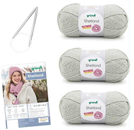 Gründl Strickset 3 x 100 g Shetland Wolle Strickgarn + Nadel 7 - 8 + Anleitung zum selber Stricken, 30 x 20 x 8 cm, moos melange