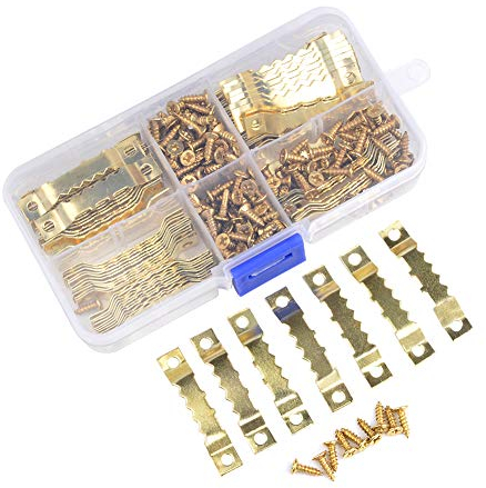 Ganci per Appendere Tele TIMESETL 100 Pezzi Gancio Foto per Cornice Oro, Ganci per Quadri Muro Aggancio Quadro con 200 Pezzi Viti per Gancio per Dente di Sega, Doppio Foro per Vite, Inossidabile