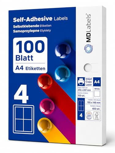 MDlabels självhäftande etiketter 105 x 148 mm - 100 ark - 400 utskriftsetiketter - adressetiketter