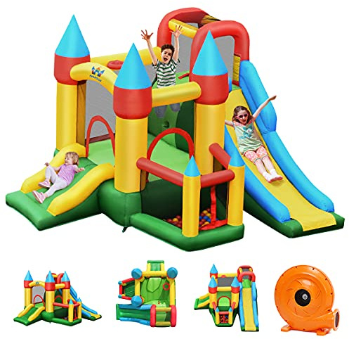 GOPLUS Château Gonflable avec Souffleur, Aire de Jeux Gonflable avec Zone de Saut et Toboggan Doublepour Les Enfants de 3 à 10 Ans, Peut Accueillir Jusqu'à 4 Enfants 135KG(Ventilateur Inclus)
