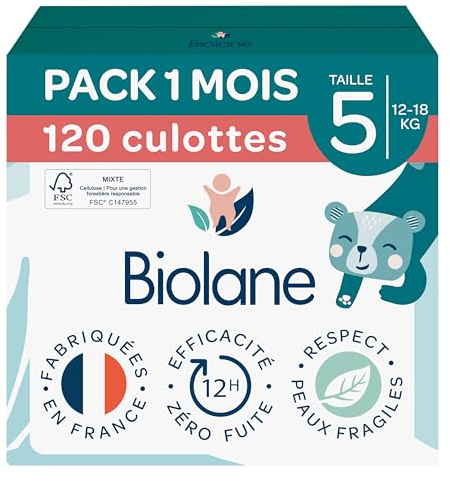 BIOLANE - Couches culottes - Taille 5 (12-18kg) - Zéro fuite pendant 12h - Pack 1 mois - 120 Couches Pants - Fabriquées en France