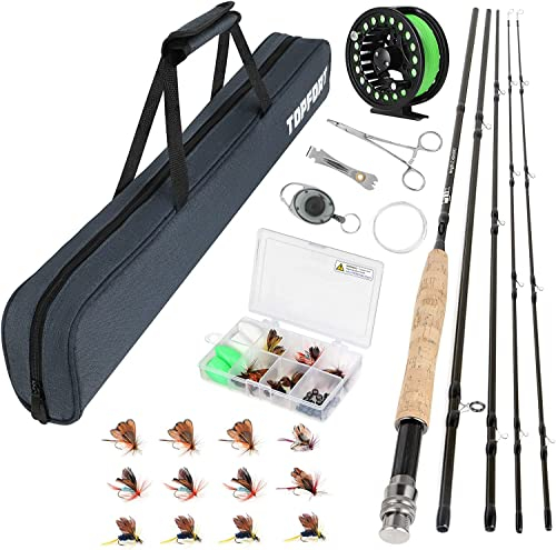 TOPFORT Fliegenfischrute und Rolle Combo Starter Kit, 4-teiliges leichtes Ultra-tragbares Graphit-Fliegenrute, komplettes Starterpaket mit Tragetasche
