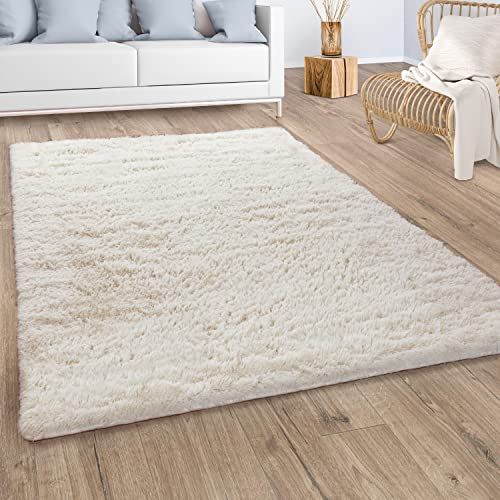 Paco Home Hochflor Teppich Wohnzimmer Schlafzimmer Shaggy Modern Fellteppich Flauschig rutschfest Fell Imitat Kunstfell Creme Beige, Grösse:200x290 cm