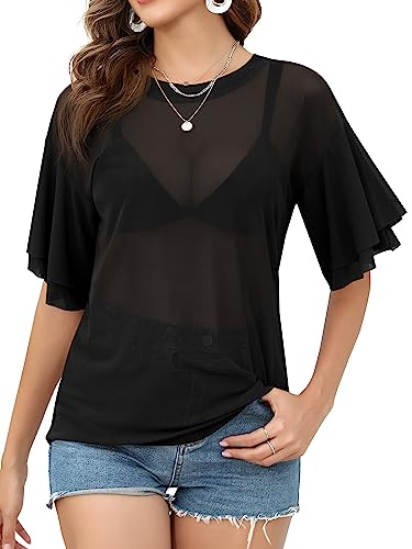 Missufe Bell Sleeve Sheer T-Shirt Tops Damen Halbarm Mesh Loose Casual Tops (Schwarz, Groß)