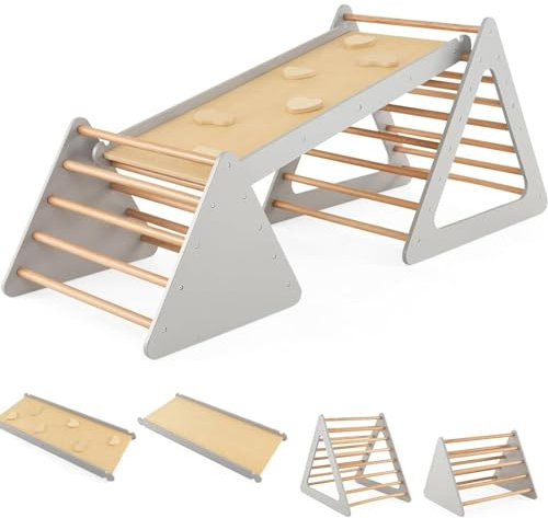 Maxmass 3 in 1 Kids Climbing Frame, Wooden Children Climber with Slide Ramp, Indoor Outdoor Toddler Climbing Ladder for 3 Years Old+ Boys Girls (Grey)