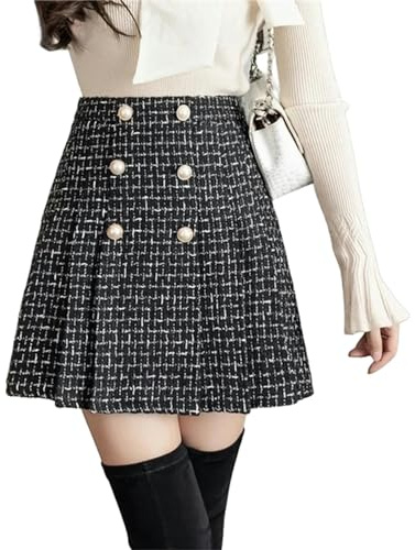 CBLdF Kjol knappar rutiga tweed kjolar kvinnor hög midja rutig ullkjol veckad shorts kjol dragkedja, Svart, S