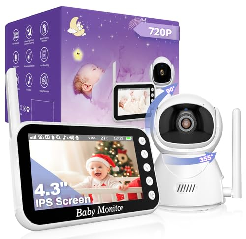 OBVHNUA Babyphone Camera 4,3 720P Baby Phone Vidéo Moniteur Bébé Zoom Enregistrement sur Carte SD Pan-Tilt VOX Vision Nocturne Audio Bidirectionnelle Capteur de Température 8 Berceuses 5 Réveil